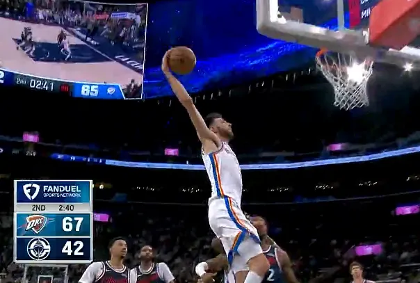 天博体育官方入口-狂轰乱炸！霍姆格伦单臂滑翔劈扣，雷霆轰12-0领先快船25分